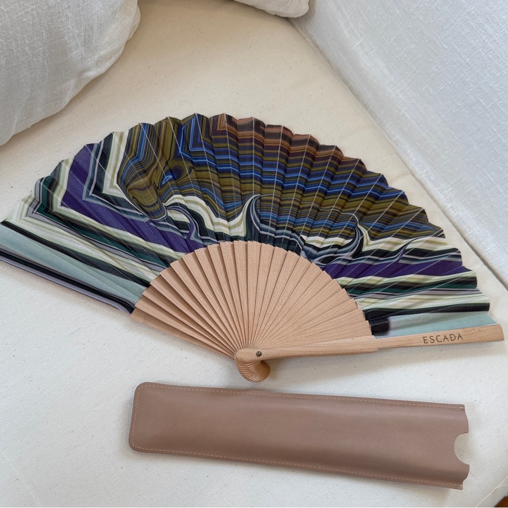 Escada Striped Silk Hand Fan in Navy, Olive, Mint, Purple and Tan